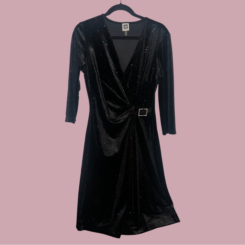 🖤✨Crushed Black Velvet Sparkle Dress with Rhinestone Belt Accent